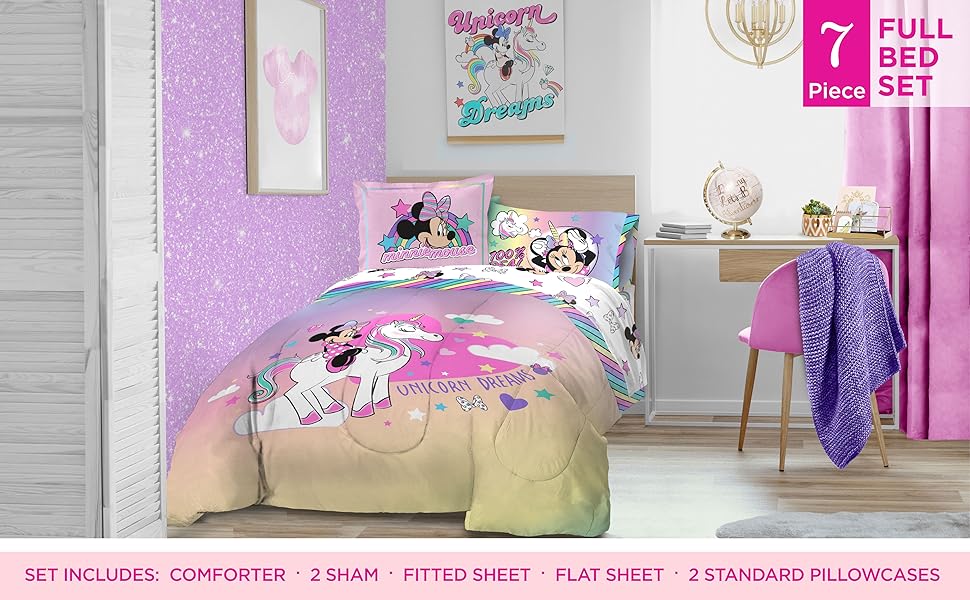 Disney Minnie Mouse Unicorn Dreams 7 Piece Full Bed Set