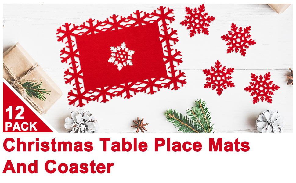 Whaline 12 Pack Christmas Table Place Mats and Coaster, Red Snowflake