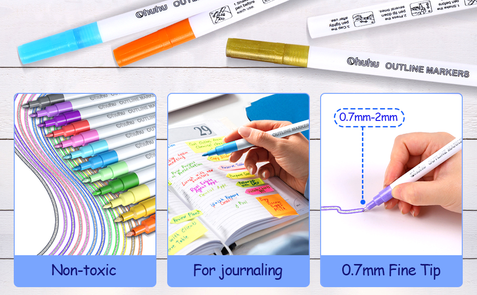 Ohuhu Outline Markers 12 Colors Outline Pens Squiggles