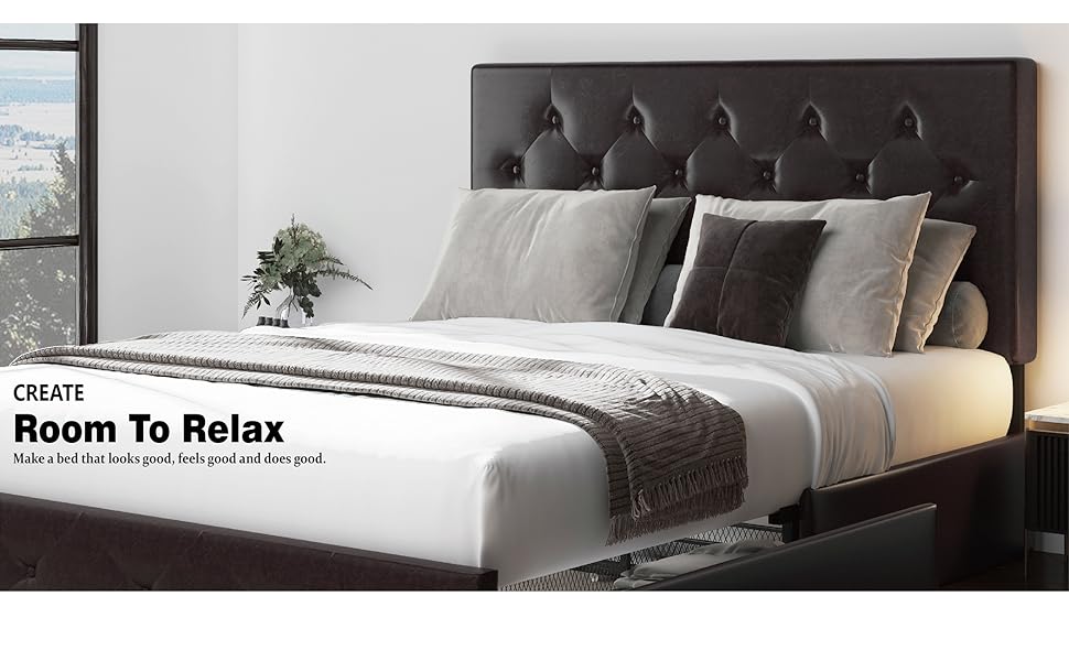 Amazon Com Allewie Queen Size Platform Bed Frame With 4 Drawers And Headboard Diamond Stitched Button Tufted Faux Leather Upholstered Mattress Foundation With Storage Black Brown Kitchen Dining