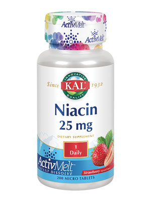 KAL Niacin 25 mg ActivMelt Strawberry One Daily Metabolism, Skin, Nerve Support 200 Micro Tablets