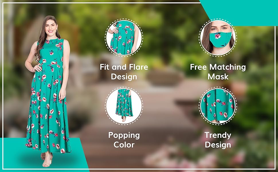 B08FHCRS2F RUDRAKRITI Women Crepe Green Floral Flared Dress with Free mask SPN FOR-1