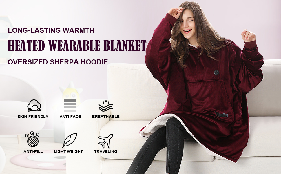 Venustas Heated Wearable Blanket Hoodie with Battery Pack 7.4V