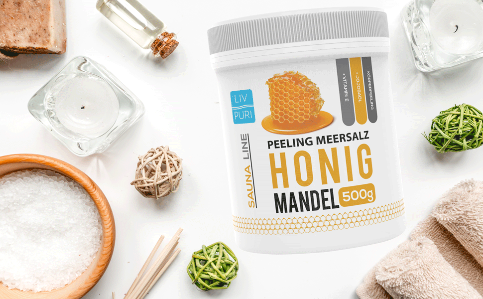 Honig Mandel Peeling Meersalz 500g Body scrub Körperpeeling Salzpeeling Hautpeeling Sauna Line