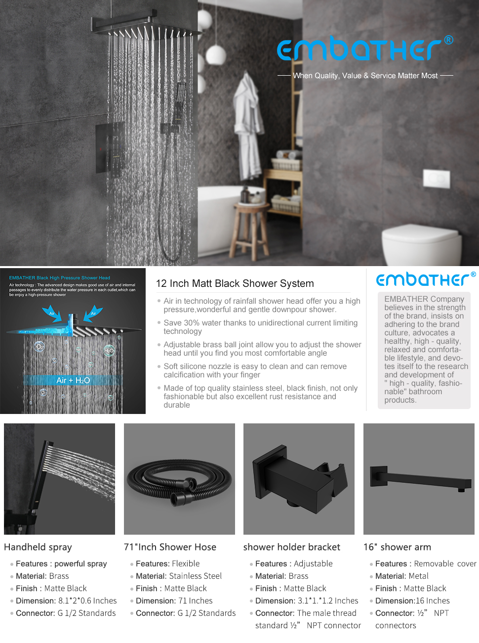 EMBATHER Shower Faucet with Valve Set, Shower System kit with 12 Inchs Wall Mounted Shower Head