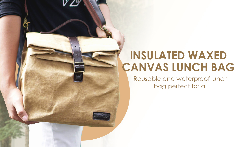 Insulated Waxed Canvas Lunch Bag (Brown), Adjustable Shoulder Strap and Handle, Water Resistant