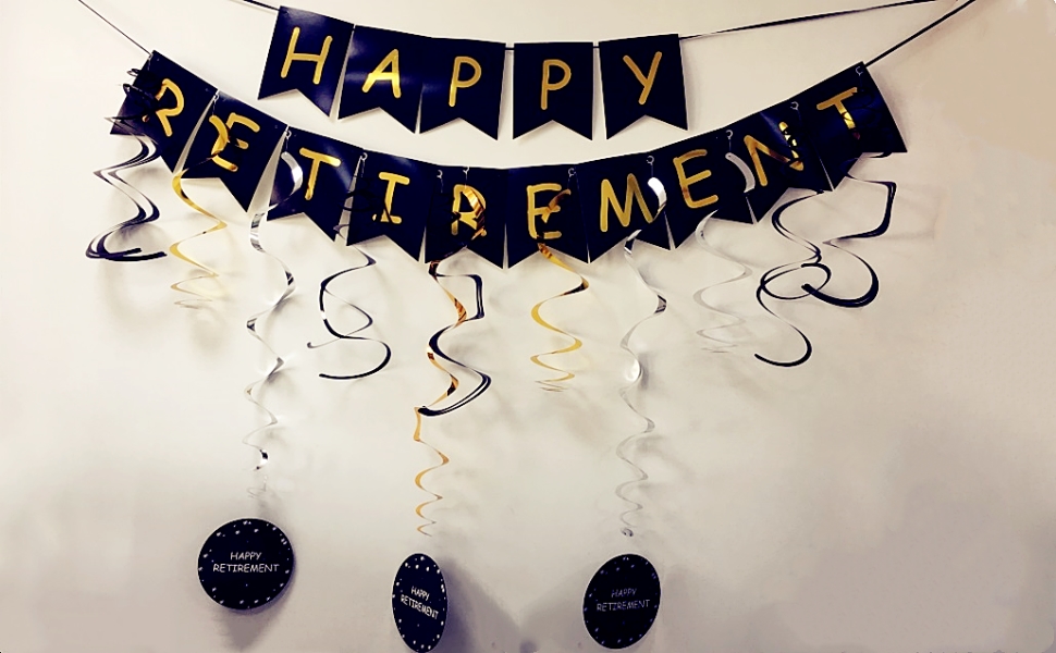 Happy Retirement Banner and Happy Retirement Hanging Swirls for