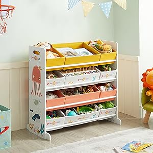 Songmics Étagère Pour Jouets, Meuble Enfant Avec 12 Paniers En Tissu Non-tissé, Organisateur Jeux Livres, Pour Salle De Jeux, Chambre, Blanc GKRS04WT 14 1