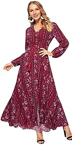 long sleeves vintage retro a line flowy flared floral print high waisted vacation party maxi dresses