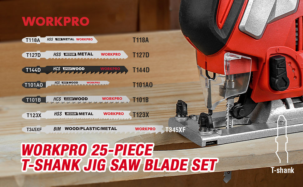 WORKPRO 25piece TShank Jigsaw Blade Set with Storage Case, Made with