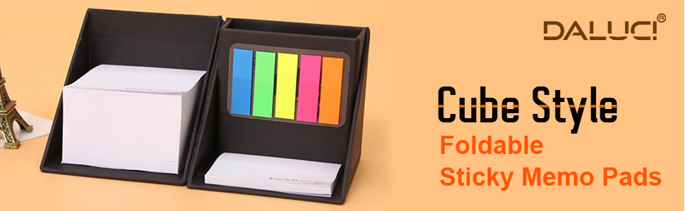 DALUCI Cube Style Foldable Sticky Memo Pads with Stationery Pen Holder, Sticky Note