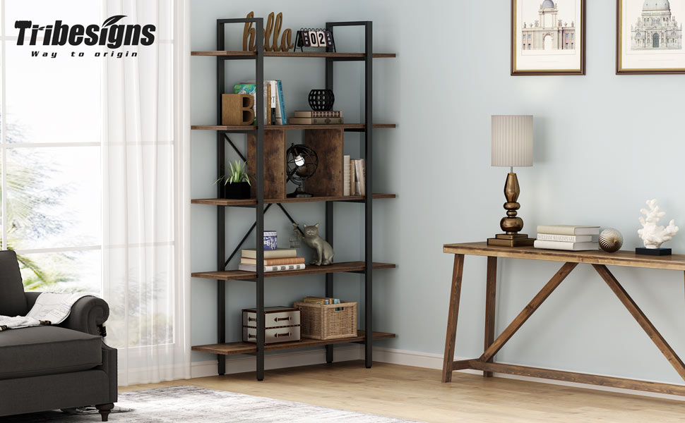 Tribesigns Bookshelf, 5Tier Industrial Bookcase, Open Leaning Storage