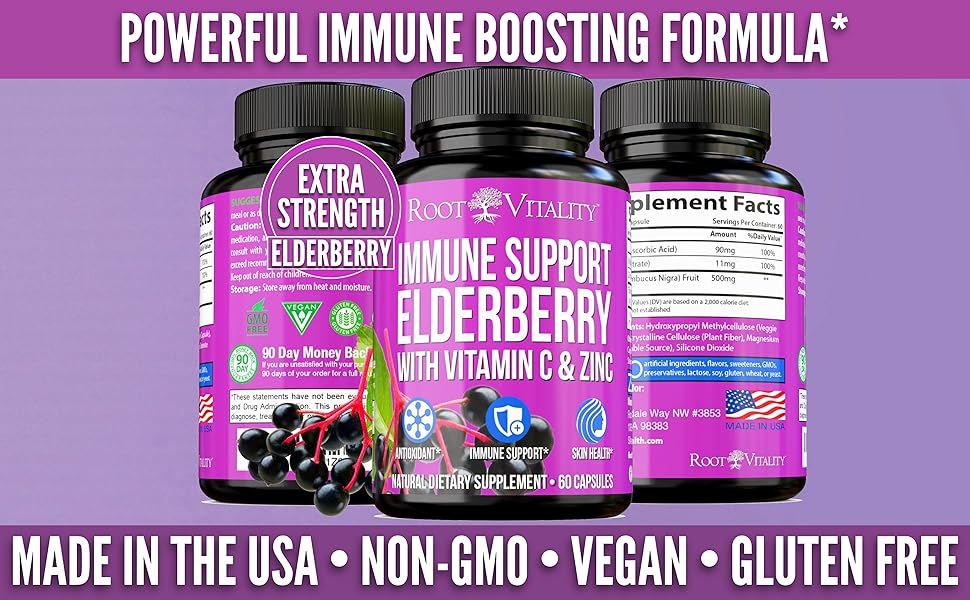Root Vitality Elderberry Capsule Immune Support Supplement with Zinc and Vitamin