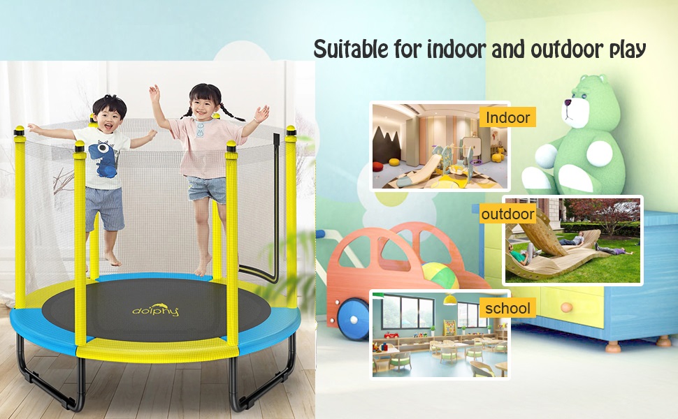 DOLPHY Trampoline with Enclosure Net adjustable handrail for kids Exercise fitness cardio trainer
