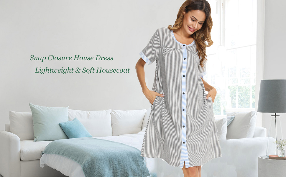 YOZLY House Dress Womens Short Sleeve Housecoat Duster Robe Button Down