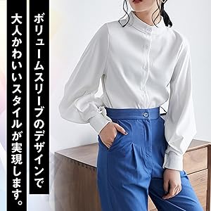 ブラウス シャツ ゆったり ボリューム 長袖 ハイネック ボタン きれいめ 大人 上品 トップス 秋 冬 通勤 通学 黒 くろ バルーン 袖 スリーブ 大きい おおきい 二の腕 カバー カラー 白