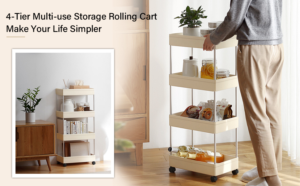 SOLEJAZZ Slim Storage Cart 4Tier Slim Mobile Shelving Unit