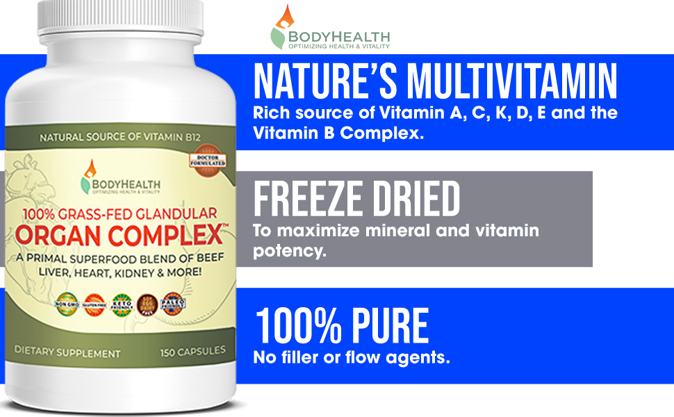BodyHealth 100 GrassFed Glandular Organ+ Complex A Primal superfood Blend of Beef