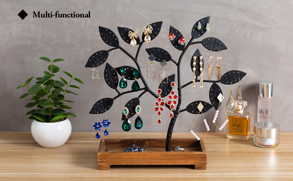 Black Metal Jewelry Tree, Earring Necklace Hanger with Wooden Tray Holder