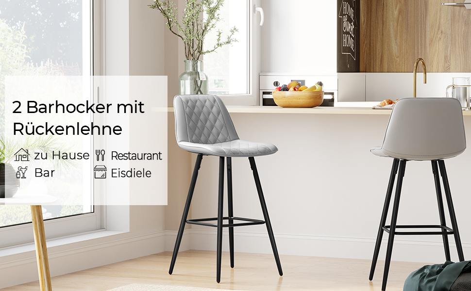 SONGMICS Bar Stools Set of 2 Bar Chairs with Back and Metal Footrest PU