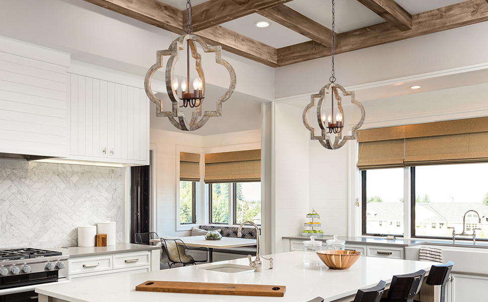 LOG BARN Large Farmhouse Chandelier Handmade Wood 4 Lights Fixtures Hanging for Dining, Bedrooms, Living Rooms and… farmhouse chandeliers