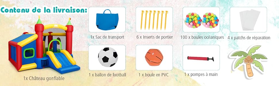 COSTWAY Château Gonflable Multifonctions Toboggan Fosse à Balle Kit De Réparation Sac Intérieur/Extérieur Souffleur Non- Inclus 10 1