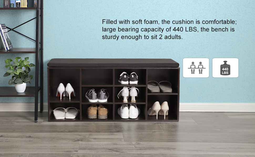 VASAGLE Cubbie Shoe Storage Bench with Cushion, Holds up to 330