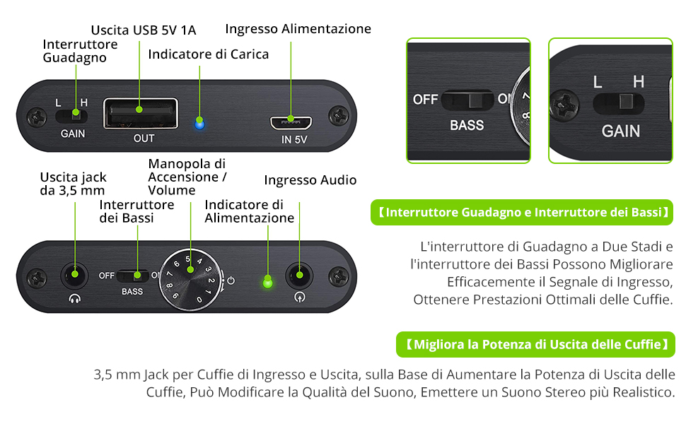 Amplificatore per cuffie HiFi 16-300Ω Mini amplificatore portatile ricaricabile da 1000 mAh