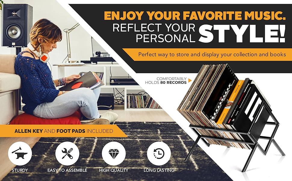 Vinyl Record Storage and Bookshelf, Black Iron, 16” Long