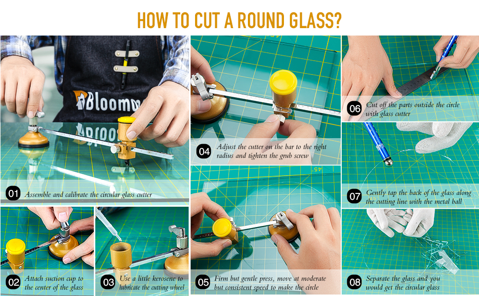 B BLOOMOAK Heavy Duty Circular Glass Cutter with Round Knob Handle and Suction Cup Adjustable