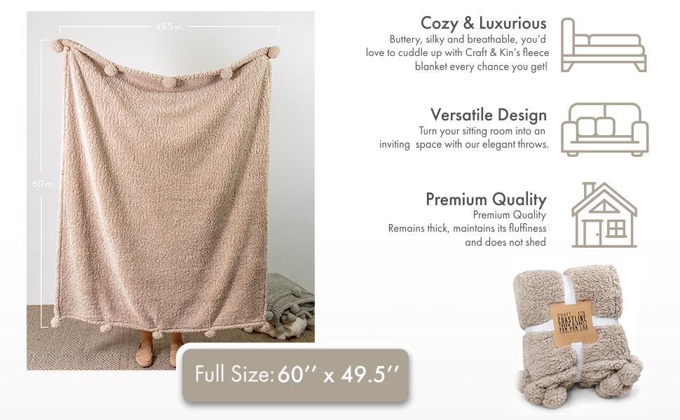 Premium Pom Pom Throw Blanket Tan Throw Blanket, Plush