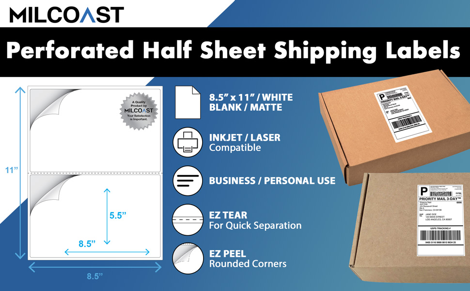 Milcoast Perforated Half Sheet Adhesive Shipping Labels