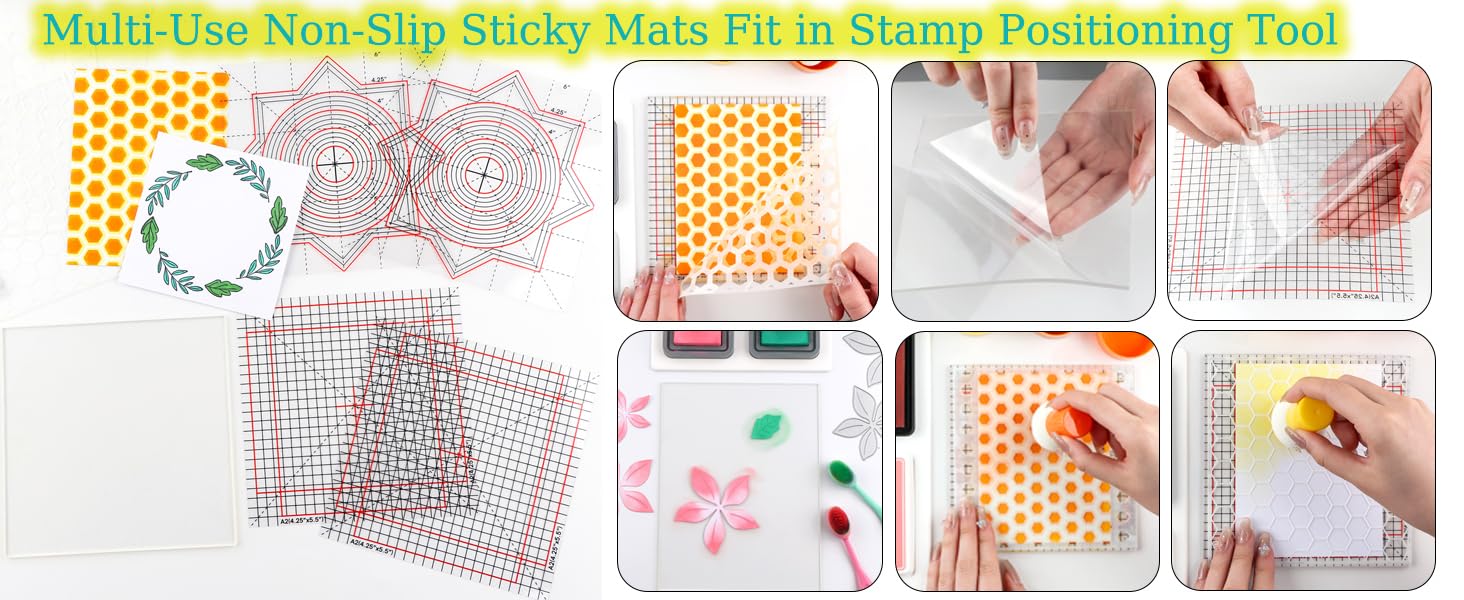 6Pcs/Set 4.75x6/6.5x8.5inch Multi-Use Non-Slip Sticky Mats Fit In Stamp Positioning Tool Set,Photopolymer Grip Mat With Printed Guides In Placeholding Stencil In Place Crafts Scrapbooking Fixed Mat