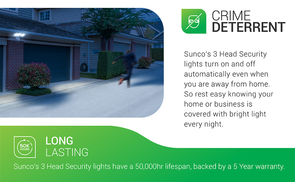 The Sunco Lighting 3 Head Security Light is an excellent crime deterrent.