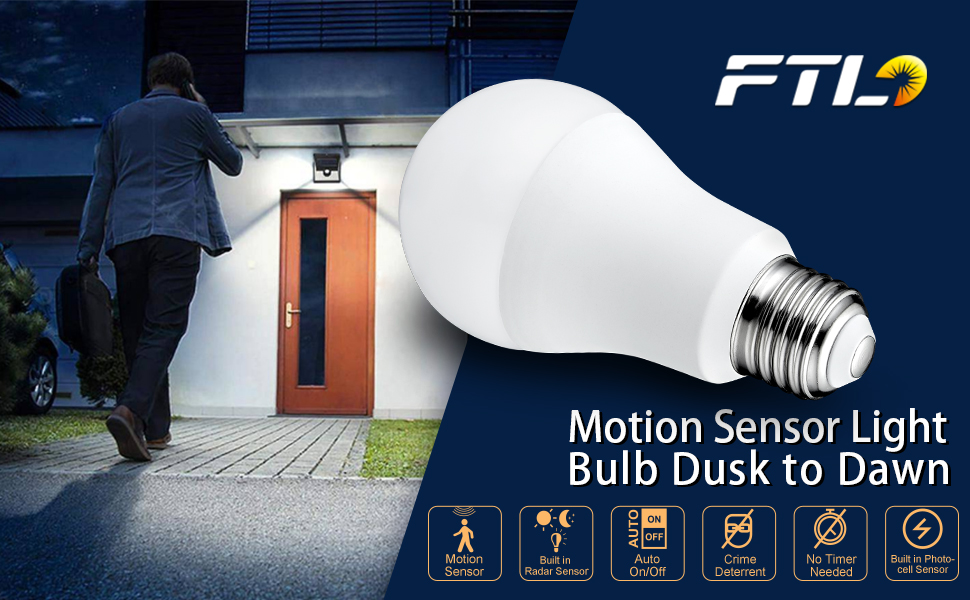 FTL Motion Sensor Light Bulb Outdoor/Indoor, Daylight White 5000K 9W