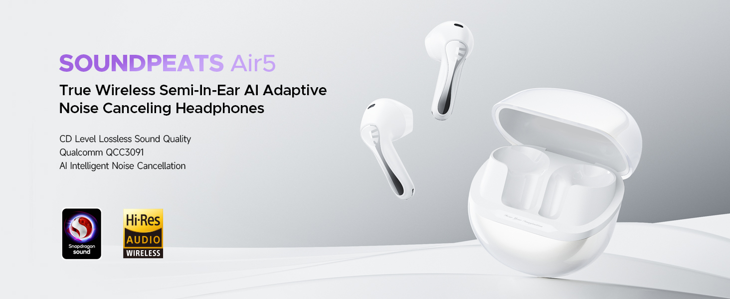 SOUNDPEATS Air5 ホワイト SoundPEATS Air5 Lite: Semi-in-ear Wireless Earbuds with Hi