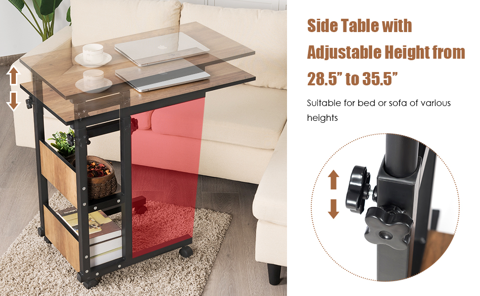 Tangkula Rolling Height Adjustable C Table, Mobile Sofa
