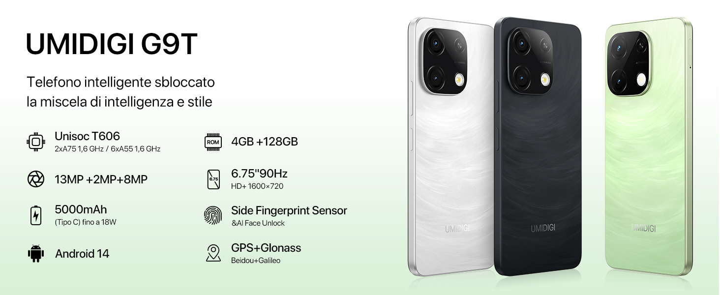 UMIDIGI G9T 128GB/8GB Galaxy Black 本体 UMIDIGI G9T Smartphone Android 14 8GB Ram 128GB Rom 1TB
