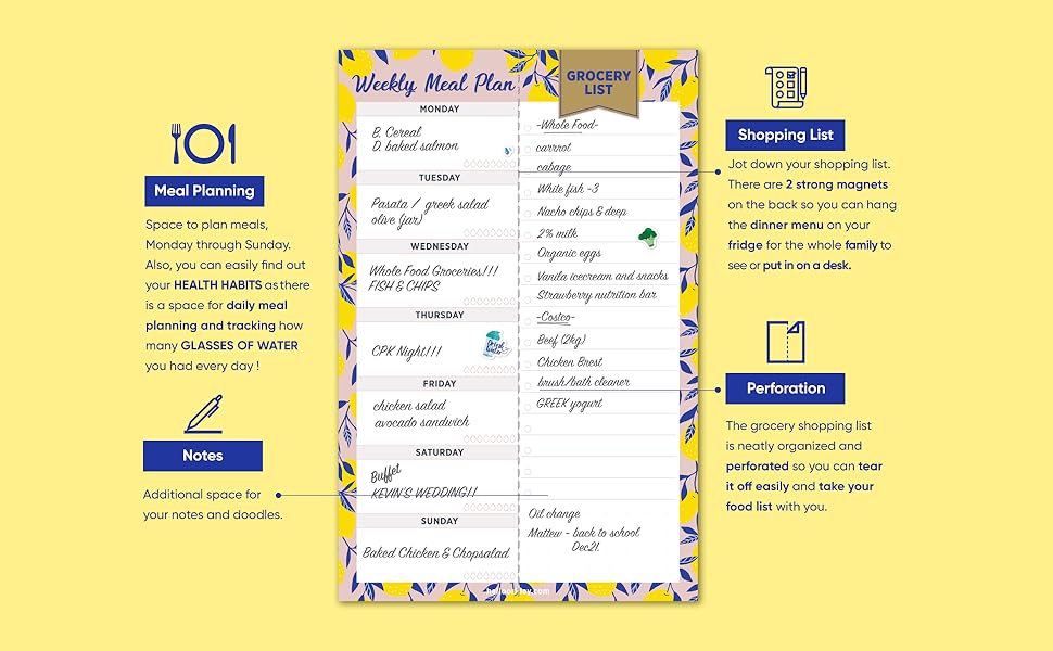 Oriday weekly meal planner pad dark flower design