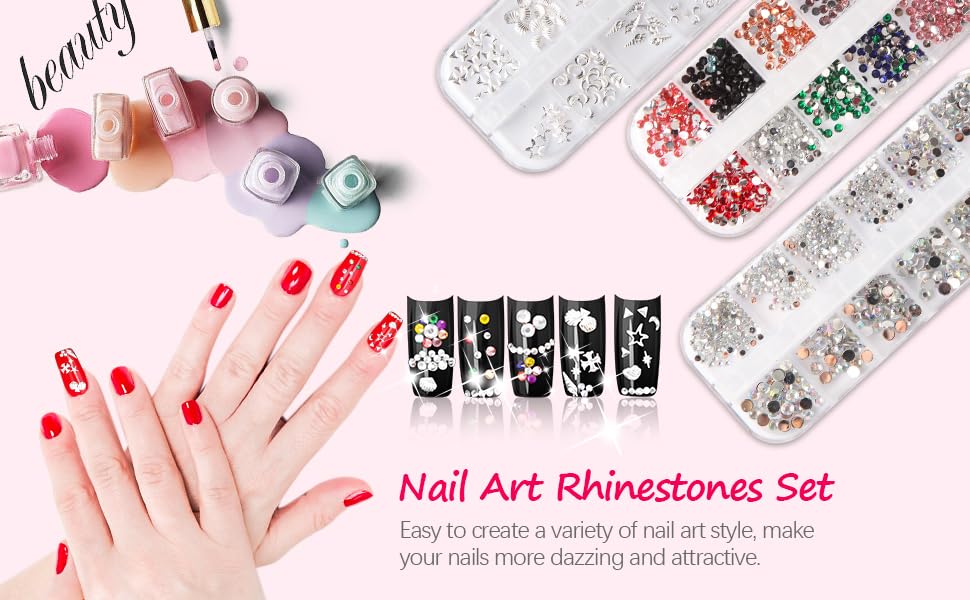 Nail Art Rhinestones and Nail Gems 3 Boxs, Flat Nail Crystals Clear Rhinestones Mix Sizes 