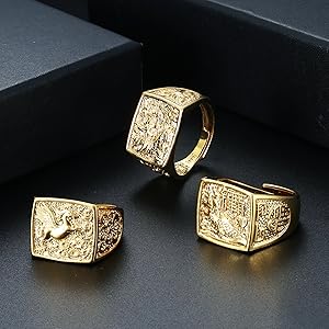 Men's 18K Gold Plated Rings Wedding Ring Rich/Luck/Wealth Ring Set Adjustable