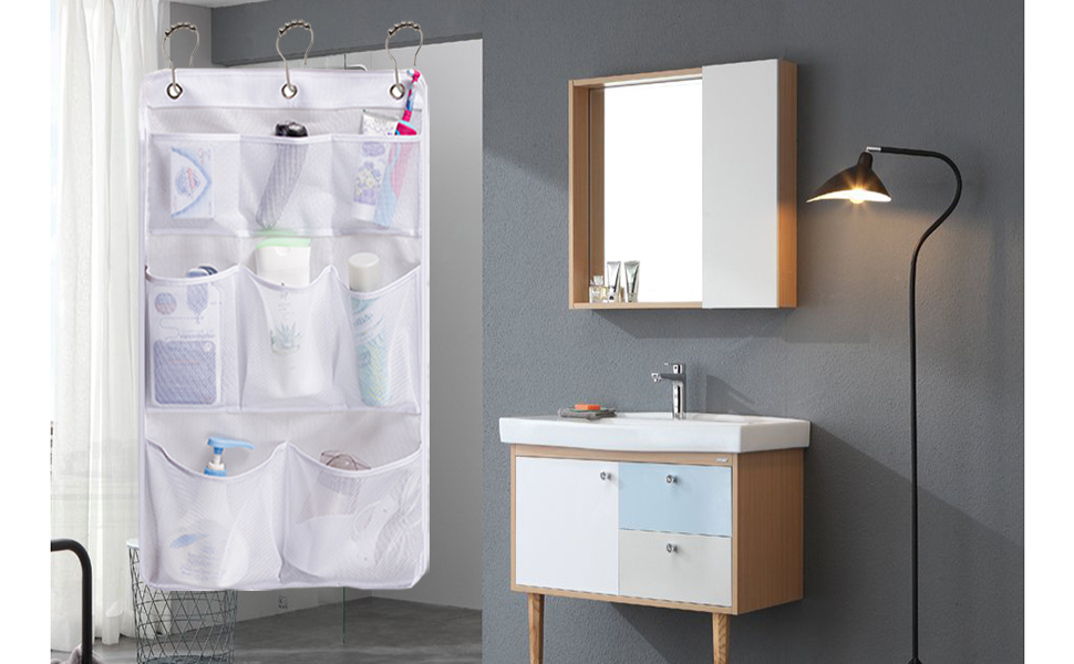 KIMBORA Mesh Shower Organizer Hanging Bathroom Caddy 8 Pockets Hang Curtain Rod with