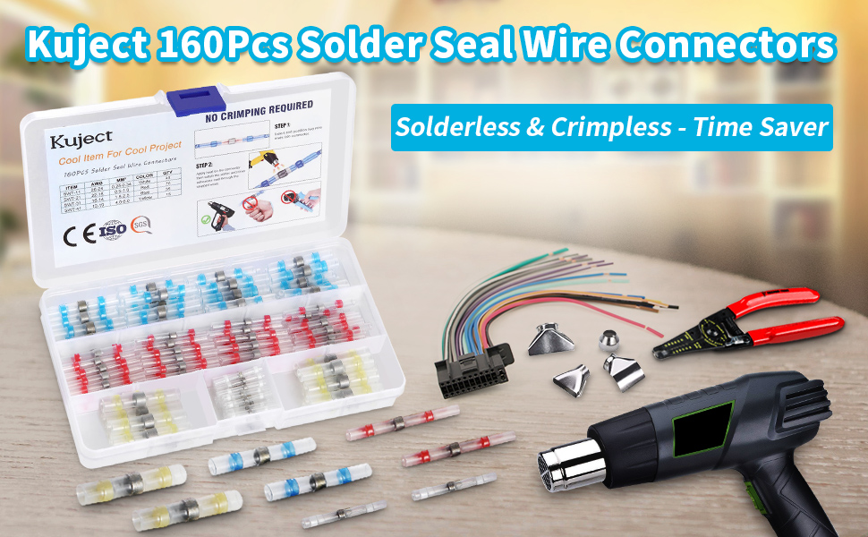 Kuject 160PCS Solder Seal Wire Connector Kit, Solderless & Crimpless