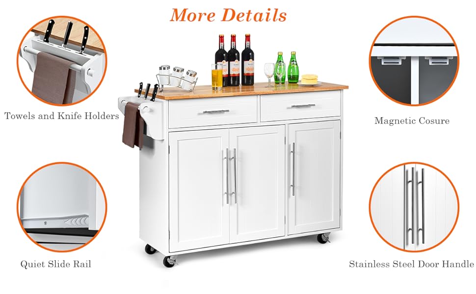 COSTWAY Kitchen Island Cart, Large Storage Trolley With 2 Drawers, 2 Cabinets, Knife Rack, 4 Lockable Wheels & Rubber Wooden Tabletop, Mobile Serving Utility Cart, 122 X 46 X 92cm (White) 14 6