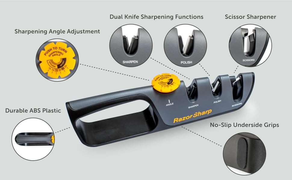 RAZORSHARP™ Knife Sharpener With Adjustable Angle Guide — DiamondCoated Ceramic Sharpening