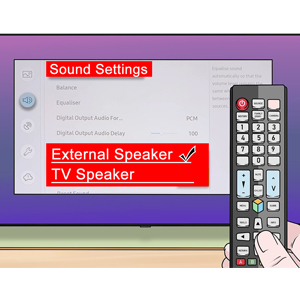 Within TV Menu Settings, select “External Speaker” or “Audio Out”.