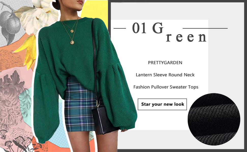 Loose Drop Shoulder Long Lantern Sleeve Round Neck Fashion Pullover Knit Sweater Tops