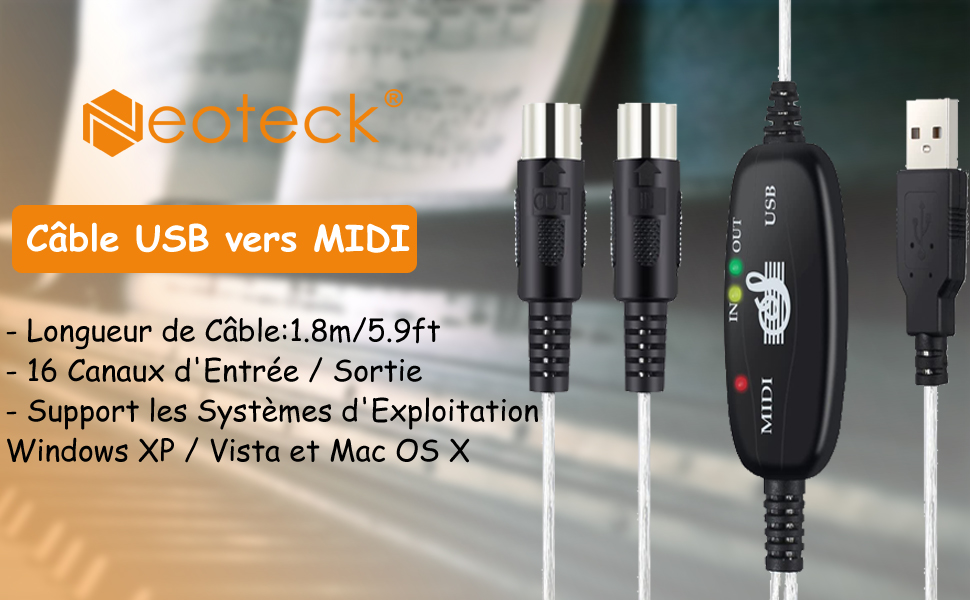 Neoteck Adaptateur Câble USB vers MIDI Interface 6Ft 2M Convertisseur USB à MIDI Clavier Musical