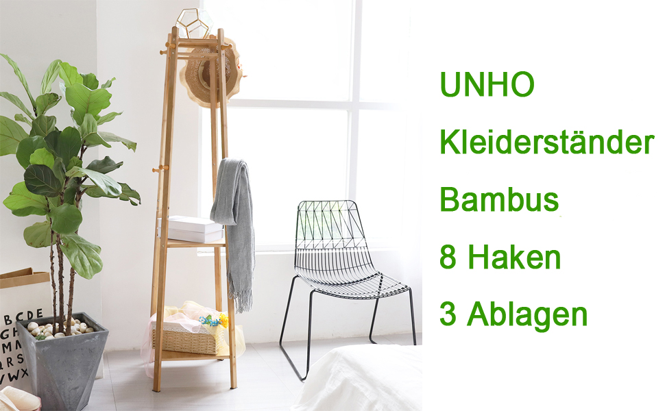 Kleiderständer Bambus Garderobenständer Mit 8 Haken Und 3 Ablagen Für Schuhe Hüte Und Schals, Im Flur Wohnzimmer Und Gästezimmer 12 q