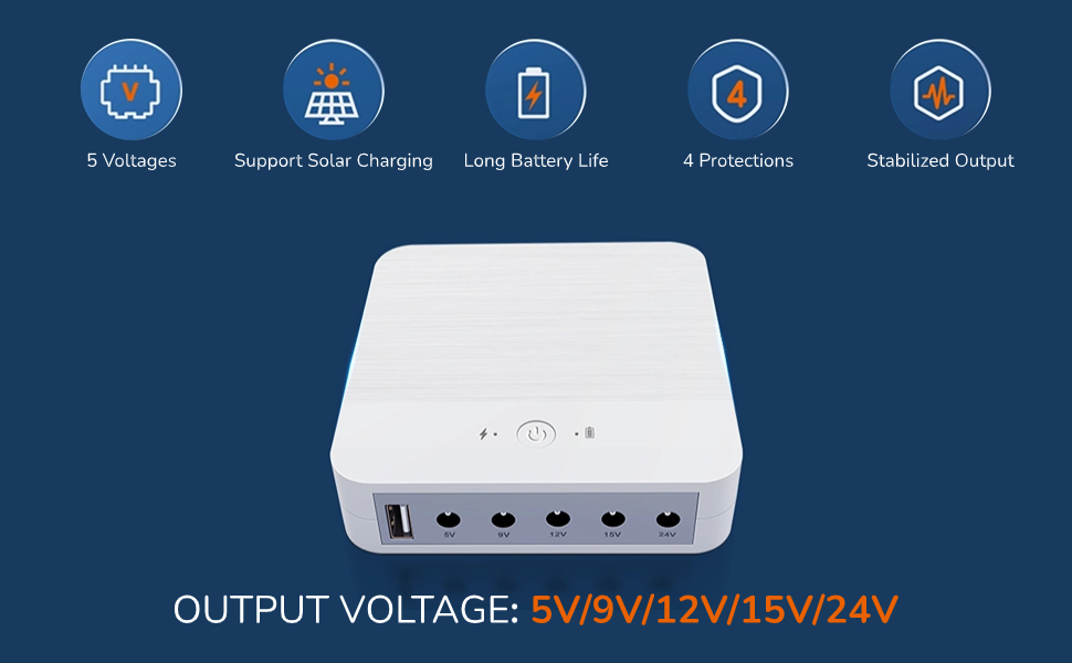 Mini UPS Battery Backup, 5V 9V 12V 15V 24V Output, Large Capacity, USB